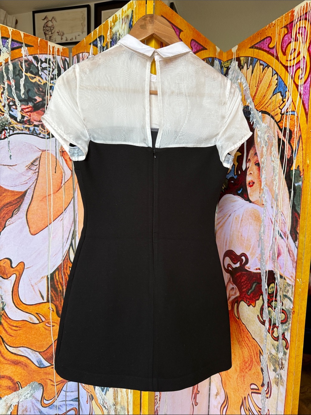 Maje | Black White | Sheer Shirt Top Collar Pencil Dress - Picture 14 of 17